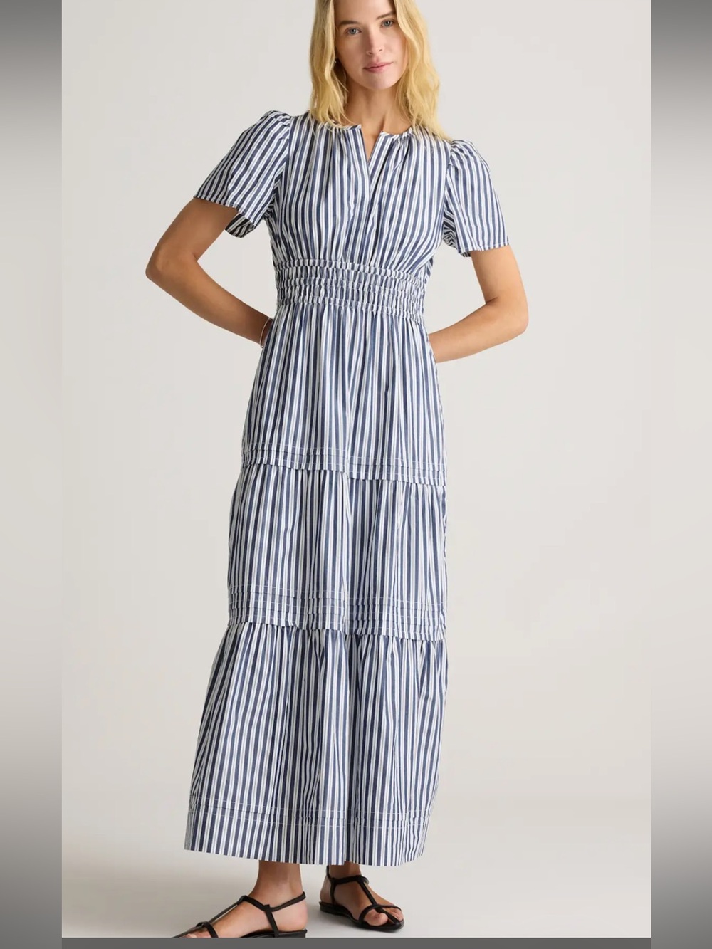 Quince Smocked Waist Blue and White Striped Maxi Dress